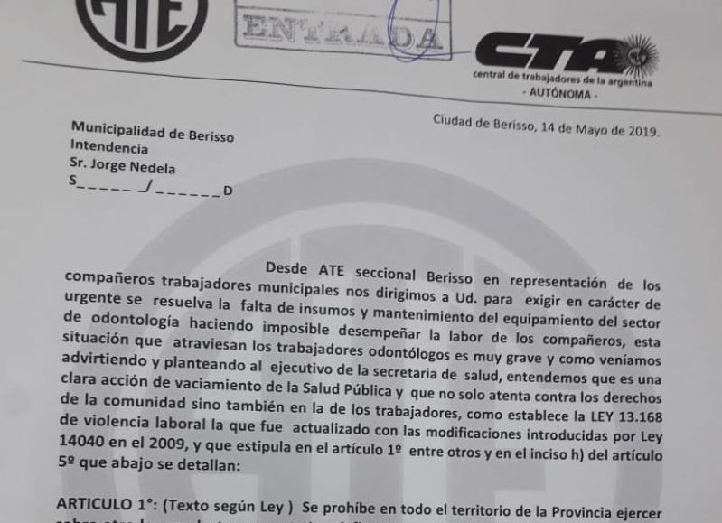 Carta dirigida al intendente.