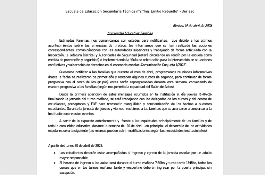 Polémica: familias rechazan el protocolo de seguridad de la Escuela Técnica N° 2 tras amenazas