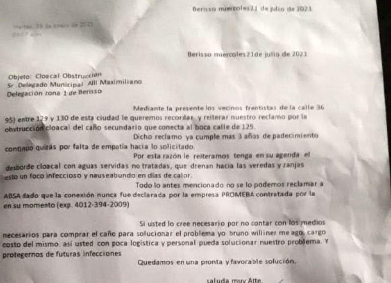 Carta de reclamo de los frentistas de 36 entre 129 y 130.