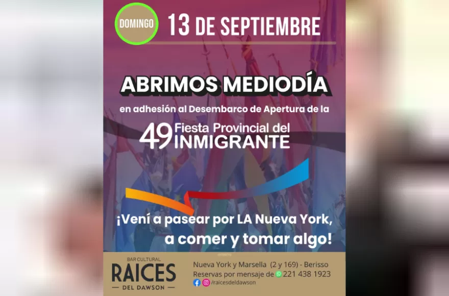 El domingo 13, Raíces del Dawson abrirá desde el mediodía en adhesión a la apertura de la 49° Fiesta Provincial del Inmigrante. 