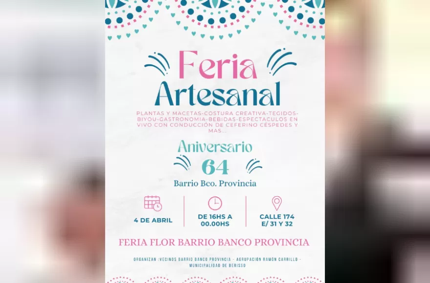 Este sábado 4 de abril se llevará a cabo una nueva edición de la Feria Artesanal en el Barrio Banco Provincia.