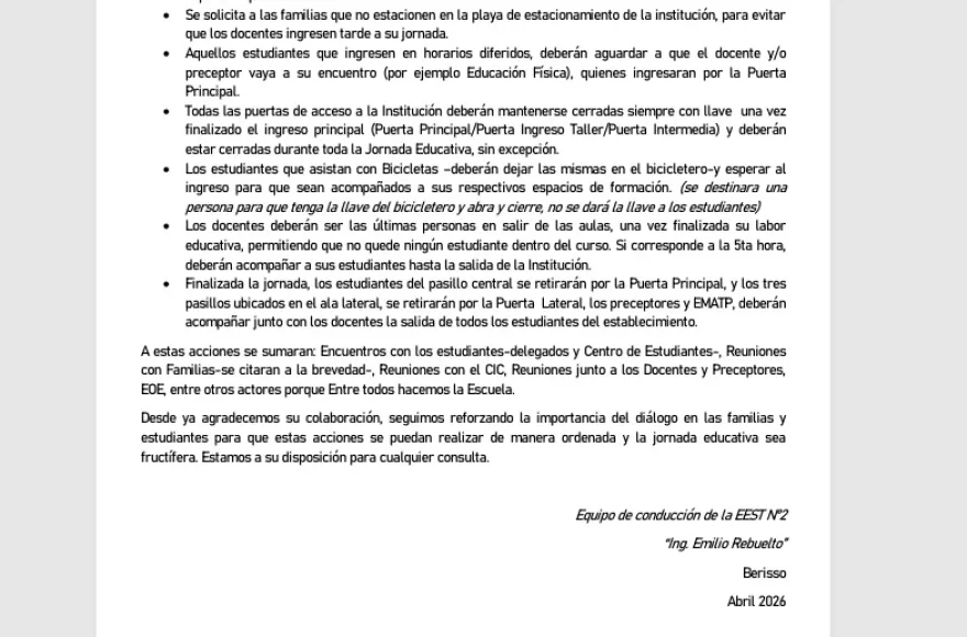 Polémica: familias rechazan el protocolo de seguridad de la Escuela Técnica N° 2 tras amenazas