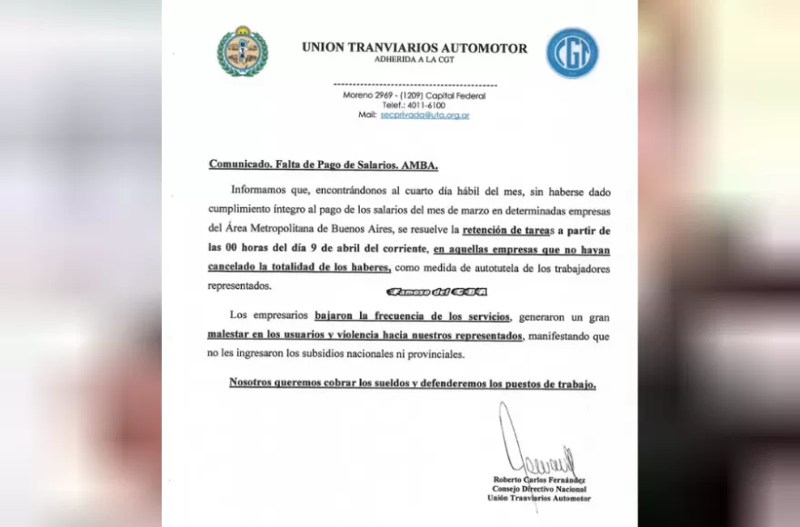 El comunicado de la UTA.