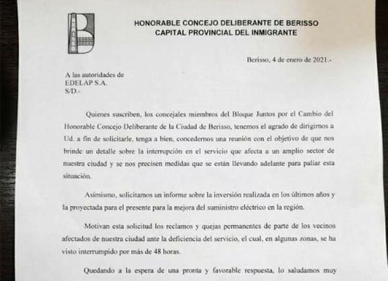 Nota enviada a la empresa concesionaria del servicio eléctrico.