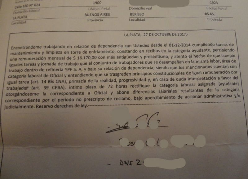 Carta documento a la empresa.