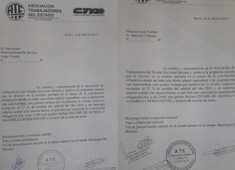 Notas presentadas ante la cartera laboral y ante el Ejecutivo berissense.