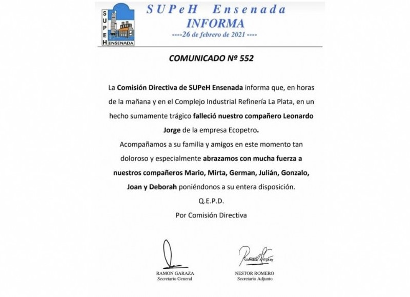 El comunicado del SUPeH.