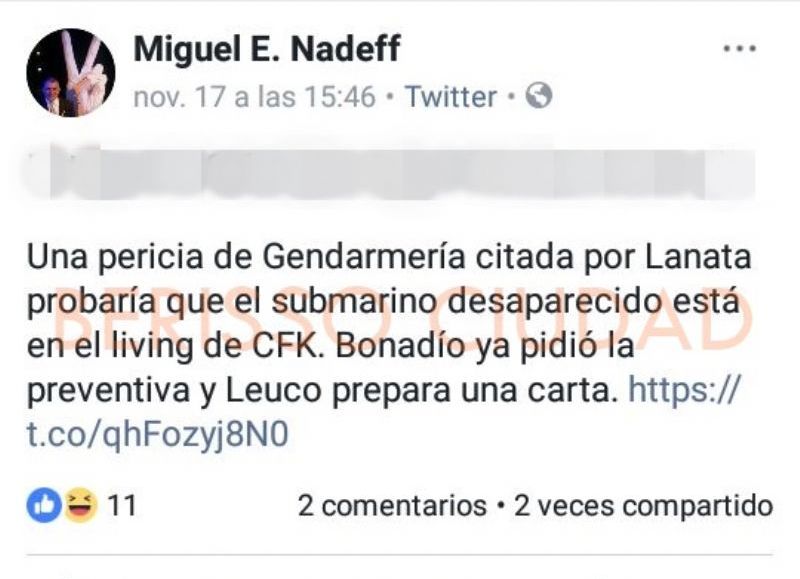 Captura de pantalla de la salvajada que publicó Miguel Nadeff en su cuenta de Twitter. (Foto: Berisso Ciudad)