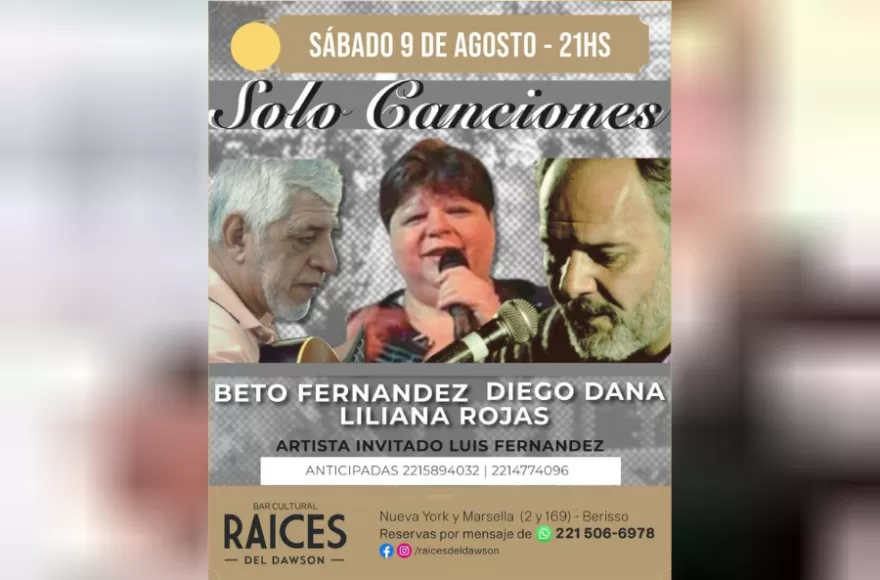 El sábado a las 21 se presentará el espectáculo “Solo Canciones” de Diego Dana, quien estará acompañado por Liliana Rojas y Beto Fernández