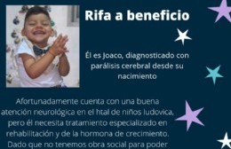 Joaquín tiene parálisis cerebral y sus padres organizan rifas para afrontar tratamientos