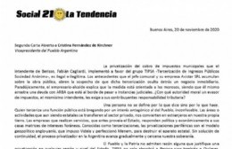 Varios movimientos enviaron una segunda carta a Cristina por la privatización de las tasas municipales
